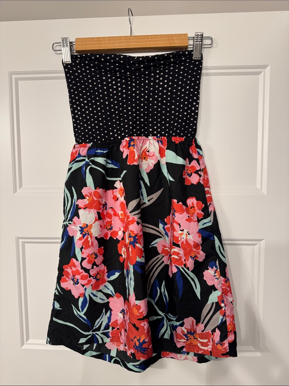 Roxy Strapless Black Floral Polka Dot Sundress